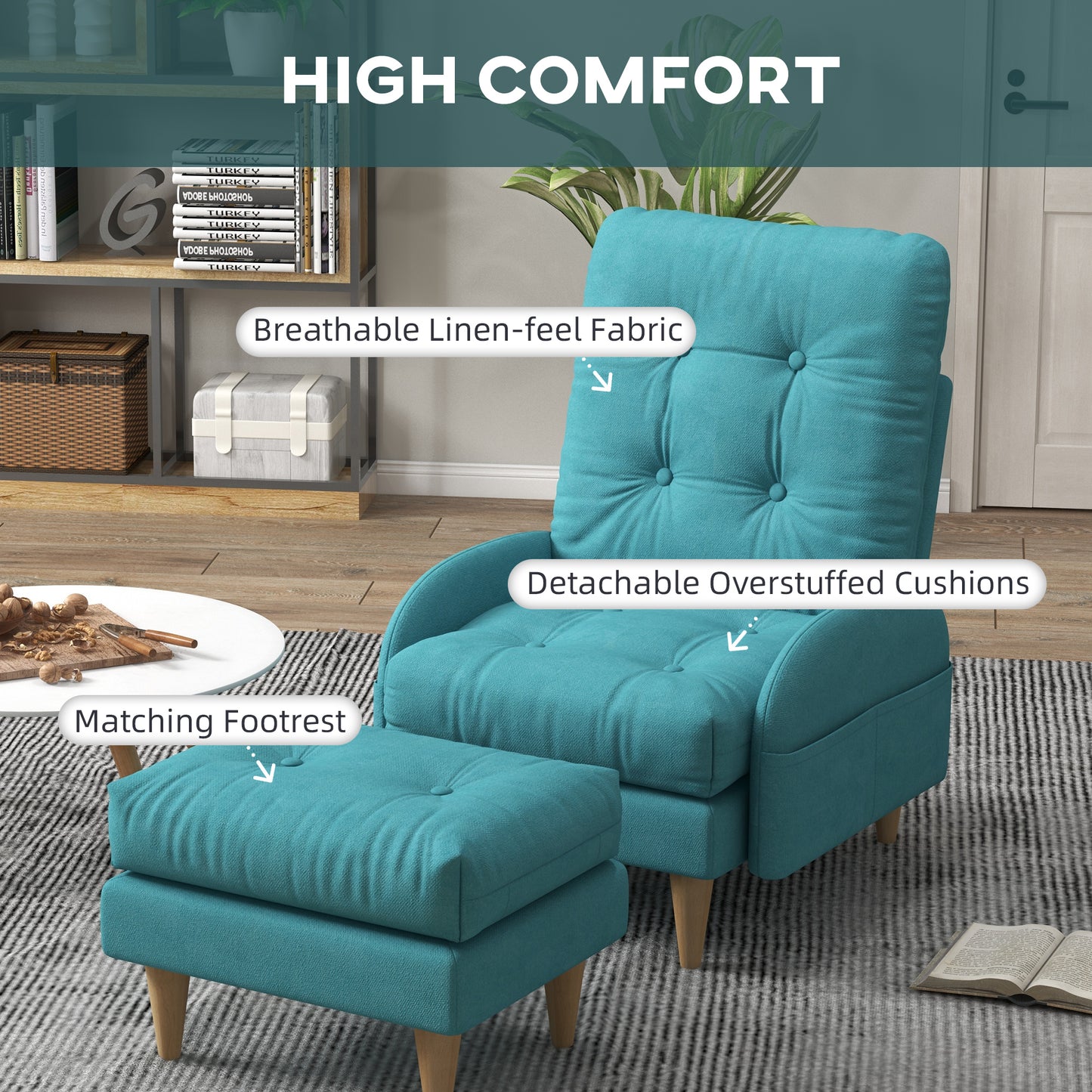 HOMCOM pholstered Recliner Armchair with Footstool Set, Modern Button Tufted Accent Chair with Adjustable Backrest, Cushions, Wood Legs and Side Pockets for Living Room, Bedroom, Home Study, Blue