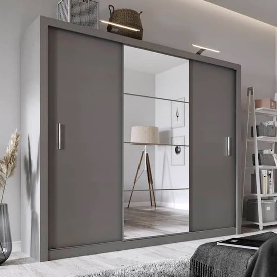 Ionia Wooden Wardrobe With Mirrored Sliding 3 Door In Matt Grey