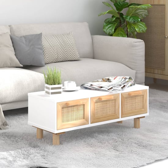 FURCO Alfy White Coffee Table with 3 Rattan Drawers for Modern Living Rooms