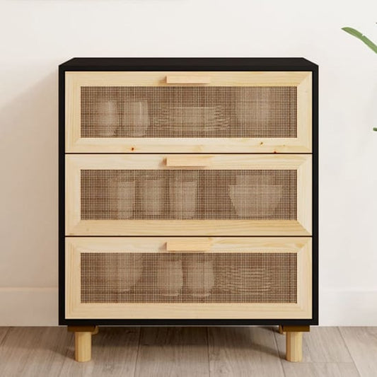 Alfy Wooden Chest Of 3 Drawers In Black And Natural Rattan