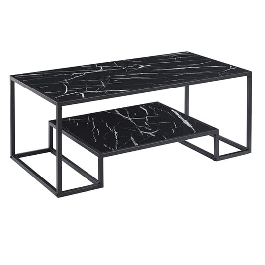 Isla Black Marble Effect Wooden Coffee Table with Undershelf for Modern Living Rooms