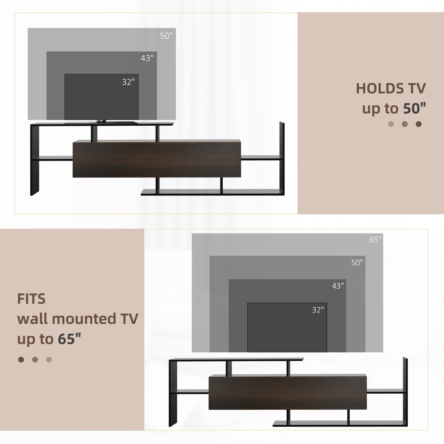 HOMCOM odern TV Cabinet with Wall Shelf, TV Unit with Storage Shelf and Cabinet, for Wall-Mounted 65" TVs or Standing 40" TVs, Black and Dark Brown