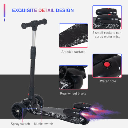 HOMCOM ids 3 Wheel Plastic Scooter Adjustable Height w/ Engine-Look Water Spray Black