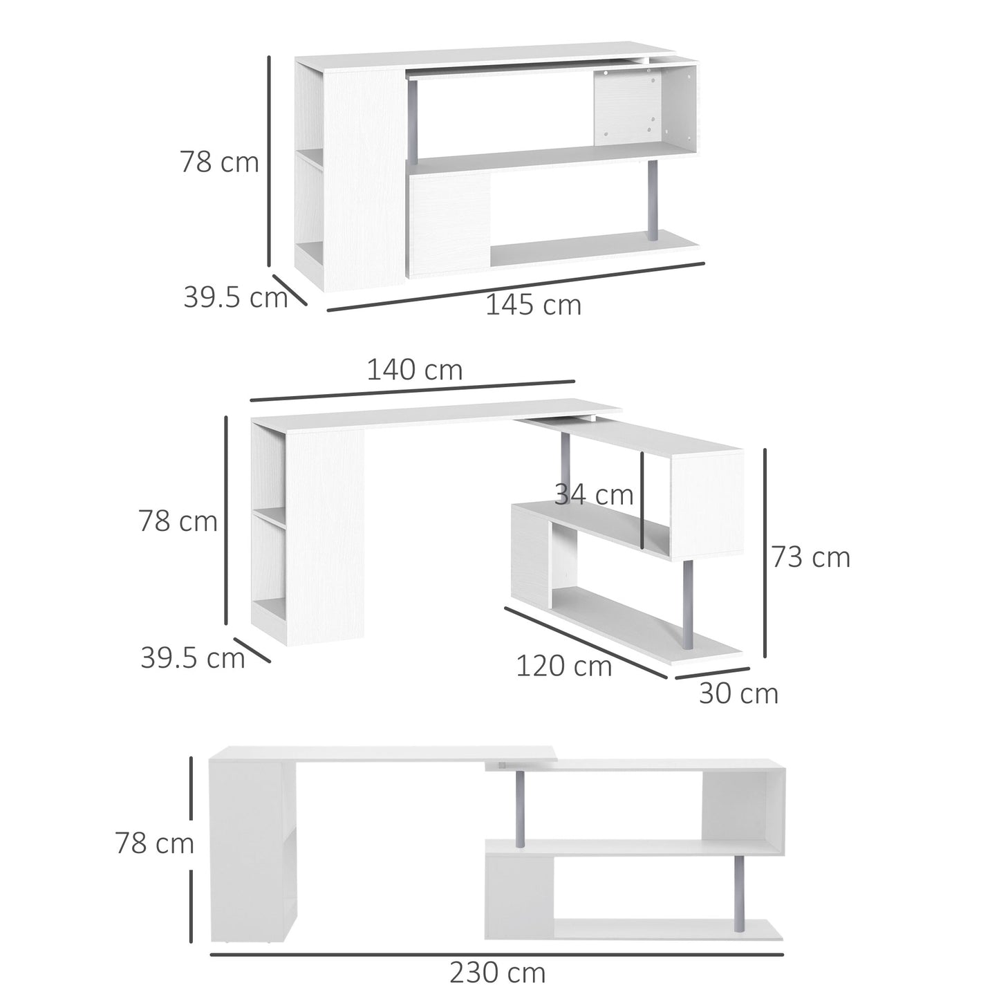 HOMCOM 60 Degree Rotating Corner Desk Storage Shelf Combo Laptop Workstation Wood L Shaped Table Home Office - White