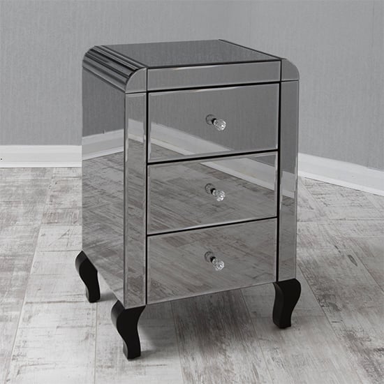 Smokey Glass Mirrored Bedside Cabinet with 3 Drawers and Acrylic Crystal Handles