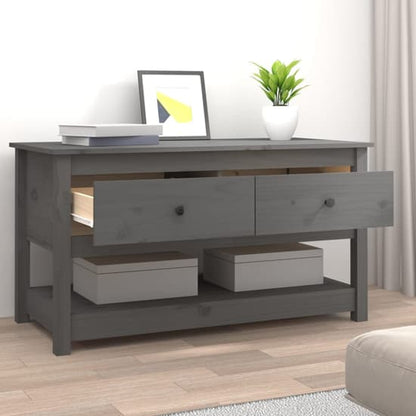 Grey Pine Wood Coffee Table with 2 Drawers and Open Shelf for Living Room Storage