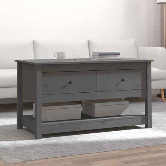 Grey Pine Wood Coffee Table with 2 Drawers and Open Shelf for Living Room Storage