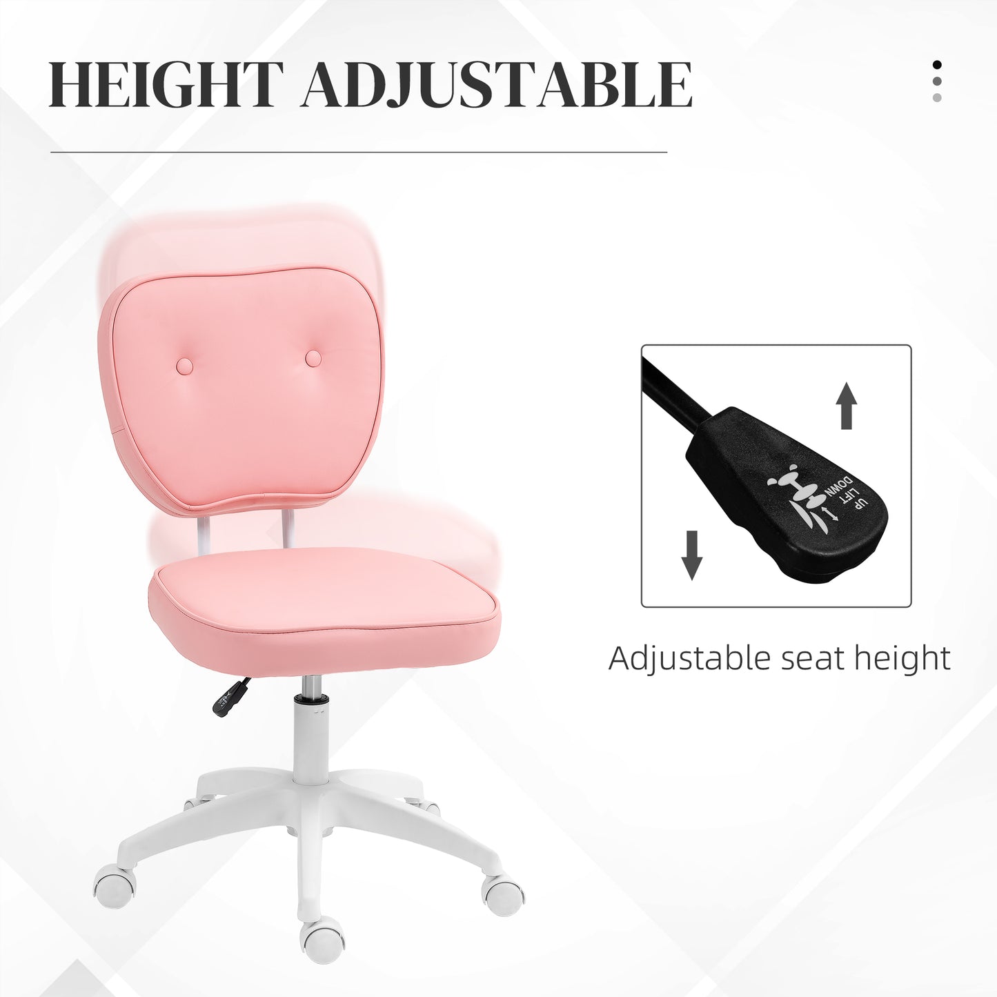 Vinsetto Vanity Office Chair, PU Leather Computer Chair for Home, with Adjustable Height, Armless, Swivel Wheels, Pink