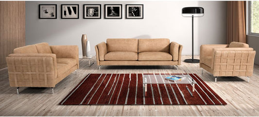 Jenny Camel Leather Sofa Set with Chrome Legs - 3+2+1 Configuration, Semi-Aniline Leather, Hardwood Frame, 10-Year Warranty on Frame and Pocket Sprung, Available in Various Colors