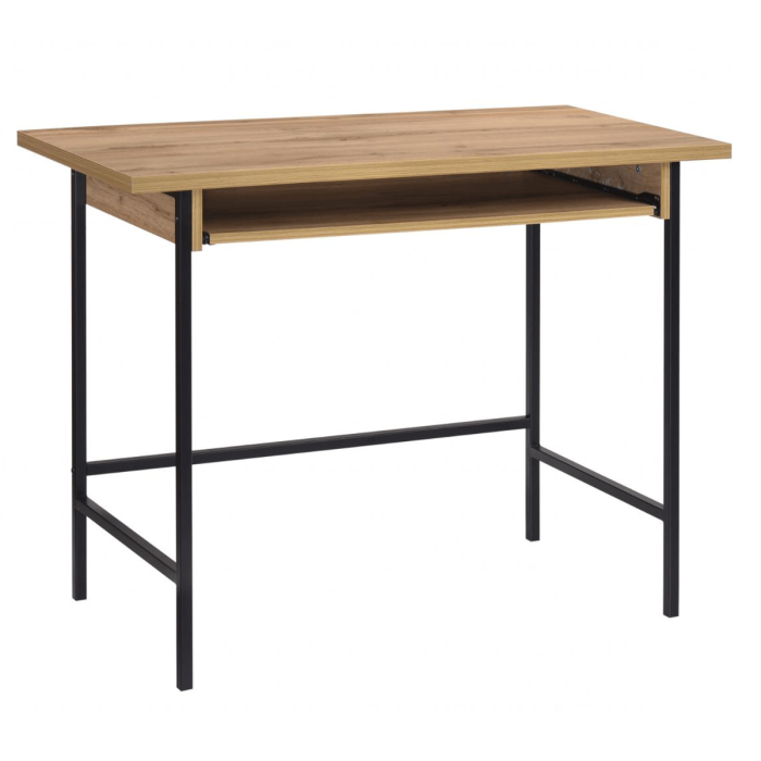 Wenatchee Modern Oak Effect Desk with Black Metal Frame and Open Shelves - Elegant Home Office Solution