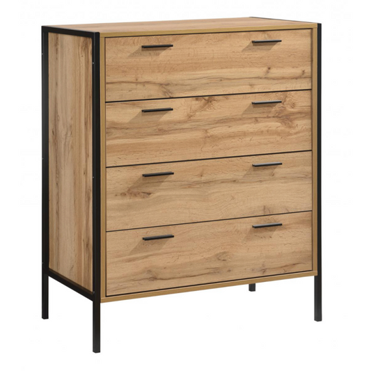 Wenatchee Oak Effect 4-Drawer Chest with Black Metal Frame - Stylish Storage Solution