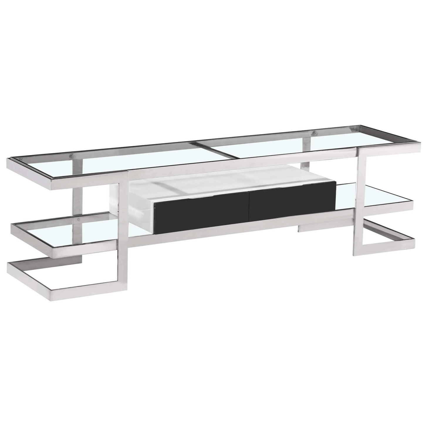 Sleek White Glass TV Unit with High Gloss Drawer & Stainless Steel Frame - Modern Home Elegance