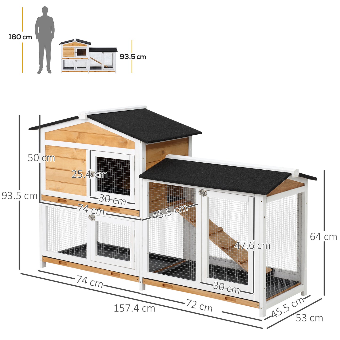 PawHut Rabbit Hutch Guinea Pig Hutch Wooden House with Run, 2 Tier Pet Cage Outdoor with No-leak Plastic Trays, 157.4 x 53 x 93.5cm, Yellow