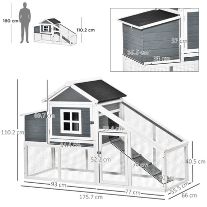 PawHut Chicken Coop, Rabbit Hutch, Hen House, Wooden Poultry Habitat with Outdoor Run, Nesting Box, Slide Out Tray, Lockable Doors, Ramp, Window, 176 x 66 x 110cm, White