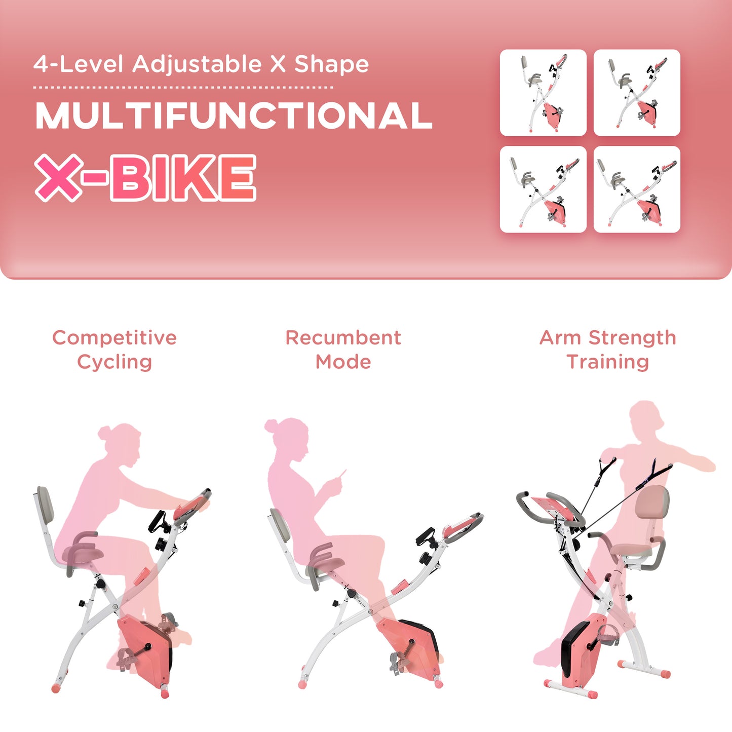 HOMCOM -in-1 Folding Exercise Bike with 8-Level Magnetic Resistance, Arm Resistance Band, Pulse Sensor, Pink