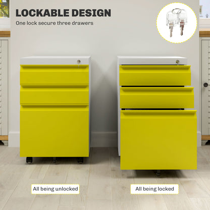 Vinsetto 3 Drawer Filling Cabinet, Mobile Metal File Cabinet with Anti-tilt Design for Letter, A4, Legal Size, Yellow