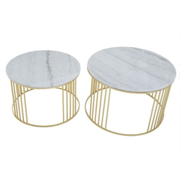 Set of 2 Round Marble Top Side Tables with Gold Metal Base