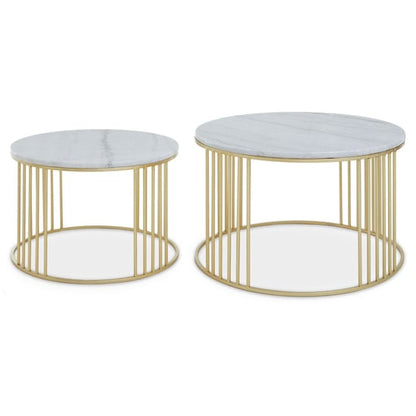 Set of 2 Round Marble Top Side Tables with Gold Metal Base