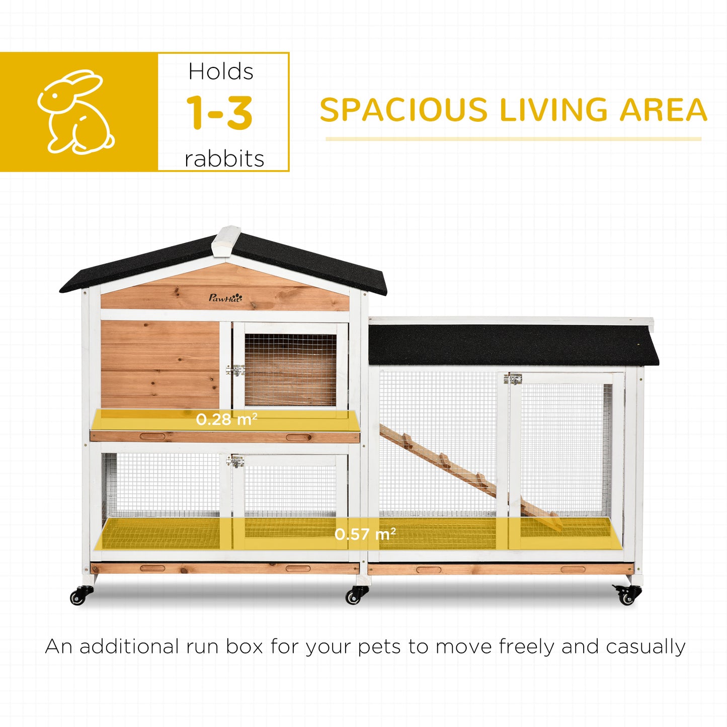 PawHut Rabbit Hutch Outdoor with Run Guinea Pig Hutch 2-Tier Bunny Cage w/ Wheels No-Leak Plastic Tray 157.4 x 53 x 99.5 cm - Yellow