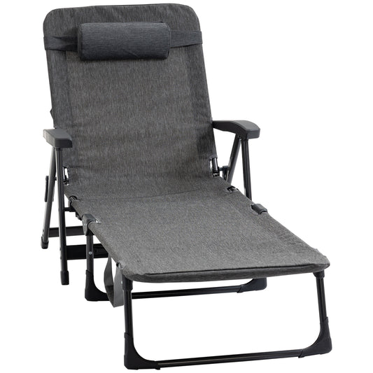 Outsunny Folding Sun Lounger, Mesh Fabric Chaise Lounge Chair, 7-Reclining Position Sleeping Bed with Pillow and Cup Holder or Poolside, Deck, Backyard, Dark Grey