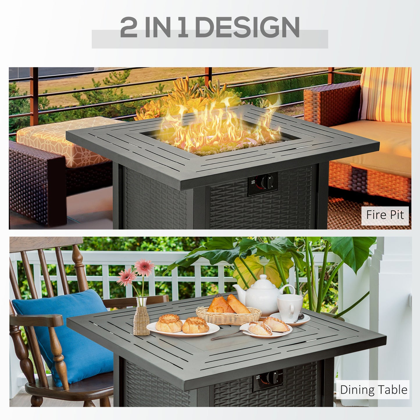 Outsunny Square Propane Gas Fire Pit Table, 40000 BTU Rattan Smokeless Firepit Patio Heater with Protective Cover, Lava Rocks and Lid, 71cm x 71cm x 62cm, Black