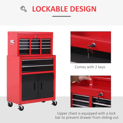 HOMCOM ool Chest, Metal Tool Cabinet on Wheels with 6 Drawers, Pegboard, Top Chest and Roller Cabinet Combo, 61.6 x 33 x 108cm, Red