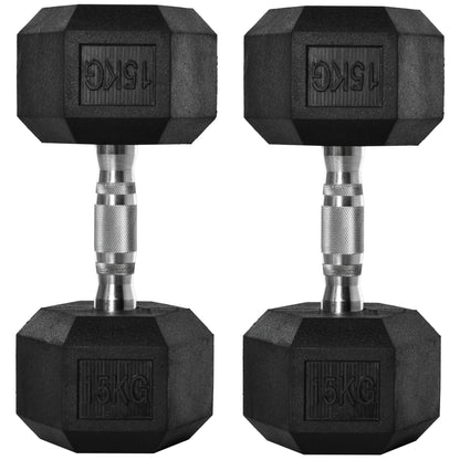 HOMCOM x15kg Rubber Hex Dumbbell Portable Hand Weights Dumbbell Home Gym Workout Fitness Hand Dumbbell