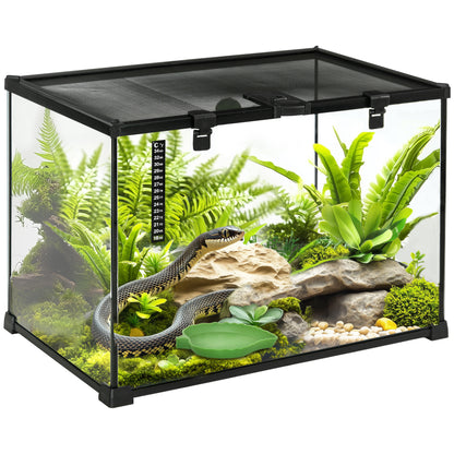 PawHut Glass Reptile Terrarium Insect Breeding Tank Vivarium Habitats with Thermometer for Lizards, Horned Frogs, Snakes, Spiders - Large 50 x 30 x 35cm