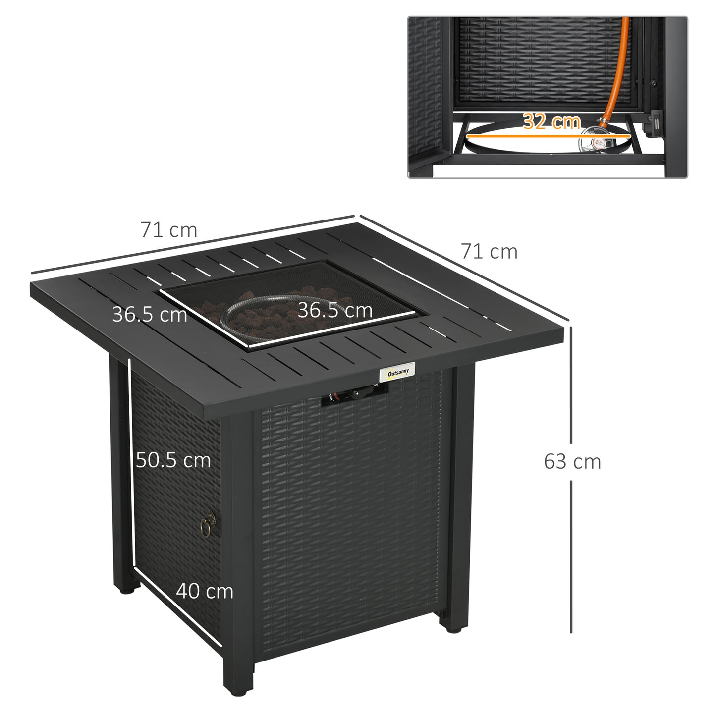 Outsunny Rattan-style Propane Gas Fire Pit Table with 40,000 BTU Burner, Square Smokeless Firepit Patio Heater with Thermocouple, Lava Rocks, Waterproof Cover, Spark Guard, and Lid