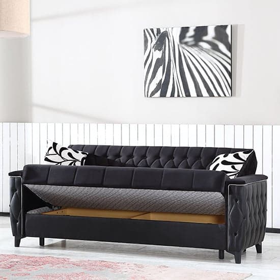 Kanata Plush Velvet Storage 3 Seater Sofabed In Black