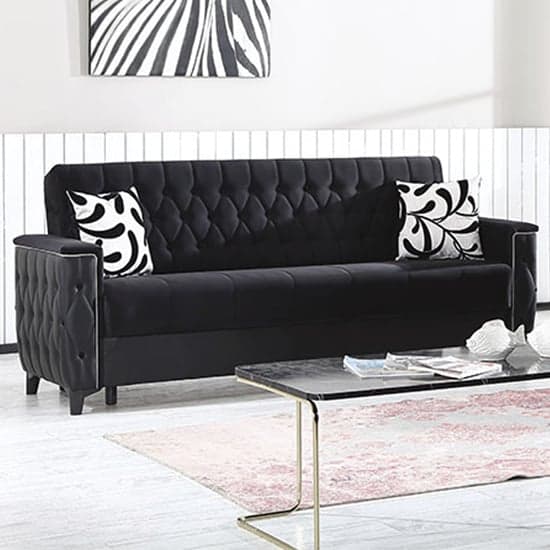 Kanata Plush Velvet Storage 3 Seater Sofabed In Black