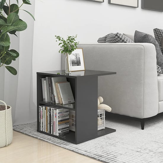 Modern Grey High Gloss Side Table with Shelves for Living Room Storage