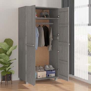 Light Grey Solid Pinewood 2-Door Wardrobe with Hanging Rod and Accessories Compartment