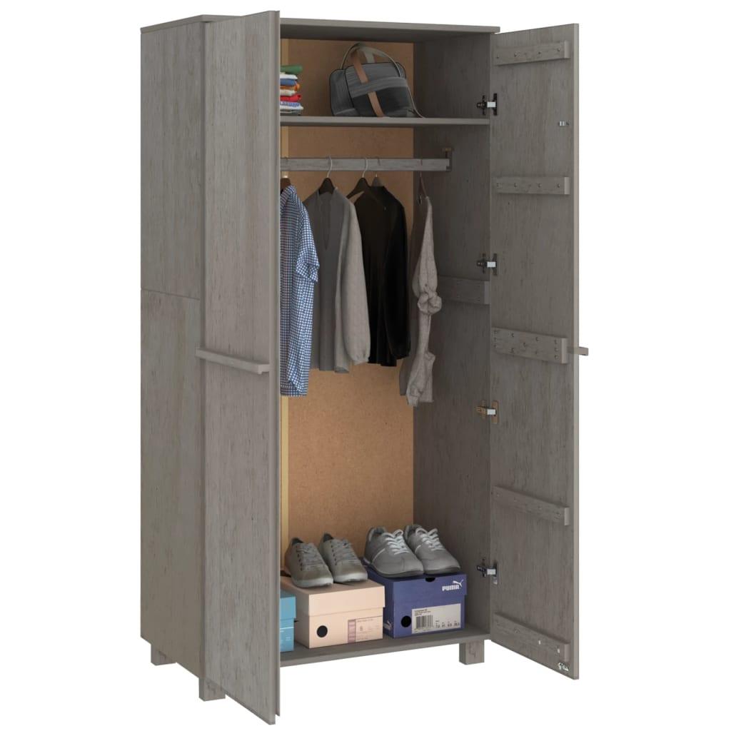 Light Grey Solid Pinewood 2-Door Wardrobe with Hanging Rod and Accessories Compartment