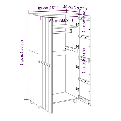 Light Grey Solid Pinewood 2-Door Wardrobe with Hanging Rod and Accessories Compartment