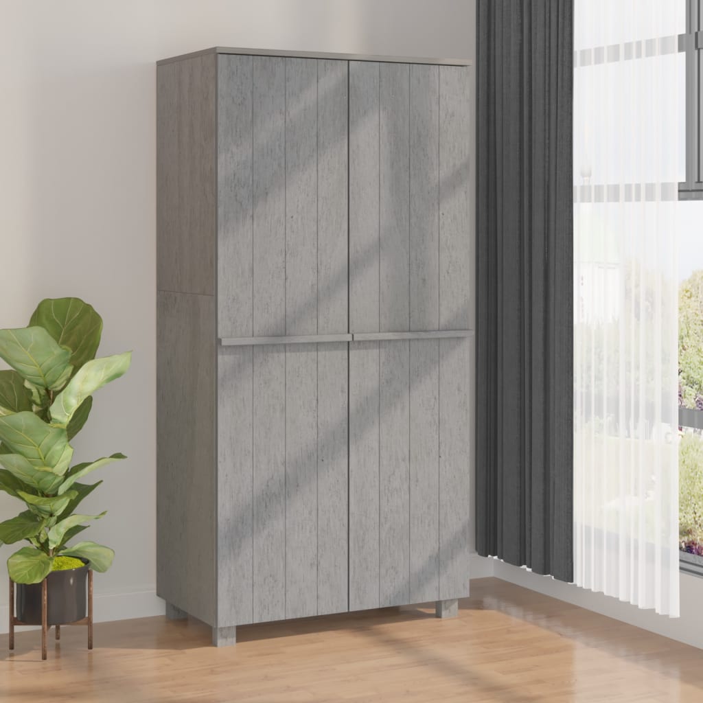 Light Grey Solid Pinewood 2-Door Wardrobe with Hanging Rod and Accessories Compartment