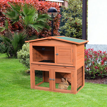 PawHut Rabbit Hutch Outdoor Guinea Pig Hutch 2-Tier Bunny Cage with No-Leak Tray 100.5 x 55 x 101 cm