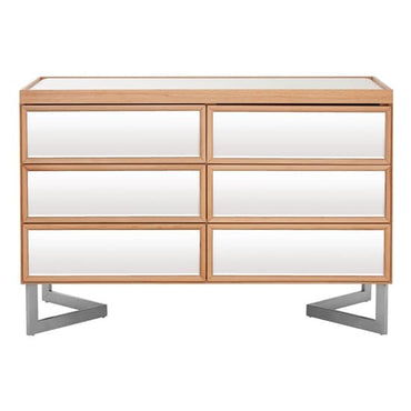 Contemporary 6-Drawer Chest with Mirrored Glass and Natural Wood Finish