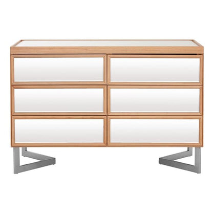 Contemporary 6-Drawer Chest with Mirrored Glass and Natural Wood Finish