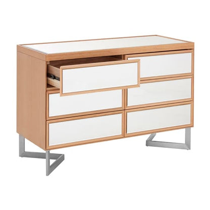 Contemporary 6-Drawer Chest with Mirrored Glass and Natural Wood Finish