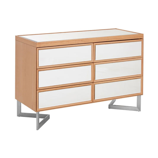 Contemporary 6-Drawer Chest with Mirrored Glass and Natural Wood Finish