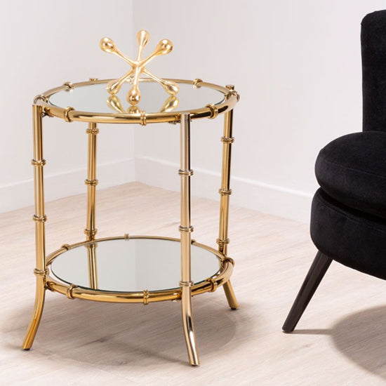 Gold Frame Round Mirrored Glass Accent Table for Living Room or Bedroom