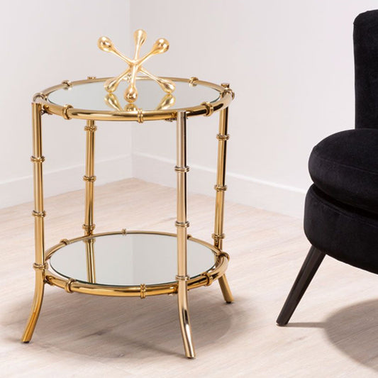 Gold Frame Round Mirrored Glass Accent Table for Living Room or Bedroom