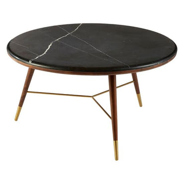 Modern Retro Dark Grey Marble Coffee Table with Walnut Frame and Brass Accents