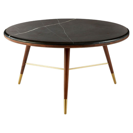 Modern Retro Dark Grey Marble Coffee Table with Walnut Frame and Brass Accents