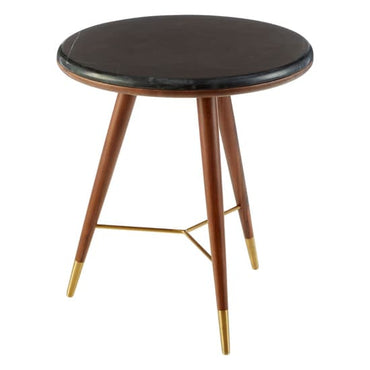 FURCO Kentona Round Dark Grey Marble End Table with Walnut Frame and Brass Accents