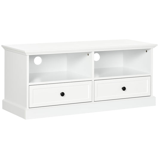 HOMCOM odern TV Unit Cabinet for TVs up to 45 Inches, TV Stand with Drawers, Open Shelves, Cable Holes for Living Room, White