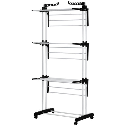 HOMCOM oldable Clothes Drying Rack, 4-Tier Steel Garment Laundry Rack with Castors for Indoor and Outdoor Use, Black