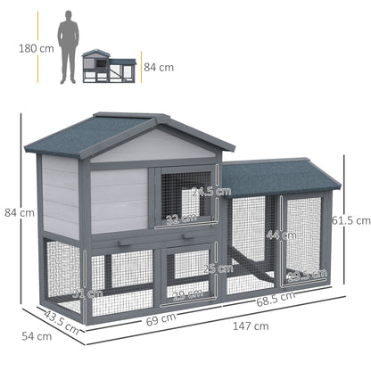 PawHut Wooden Rabbit Hutch Outdoor, Double Tier Guinea Pig Hutch, Small Animal House Water-Resistant Roof Ramp 147 x 54 x 84 cm