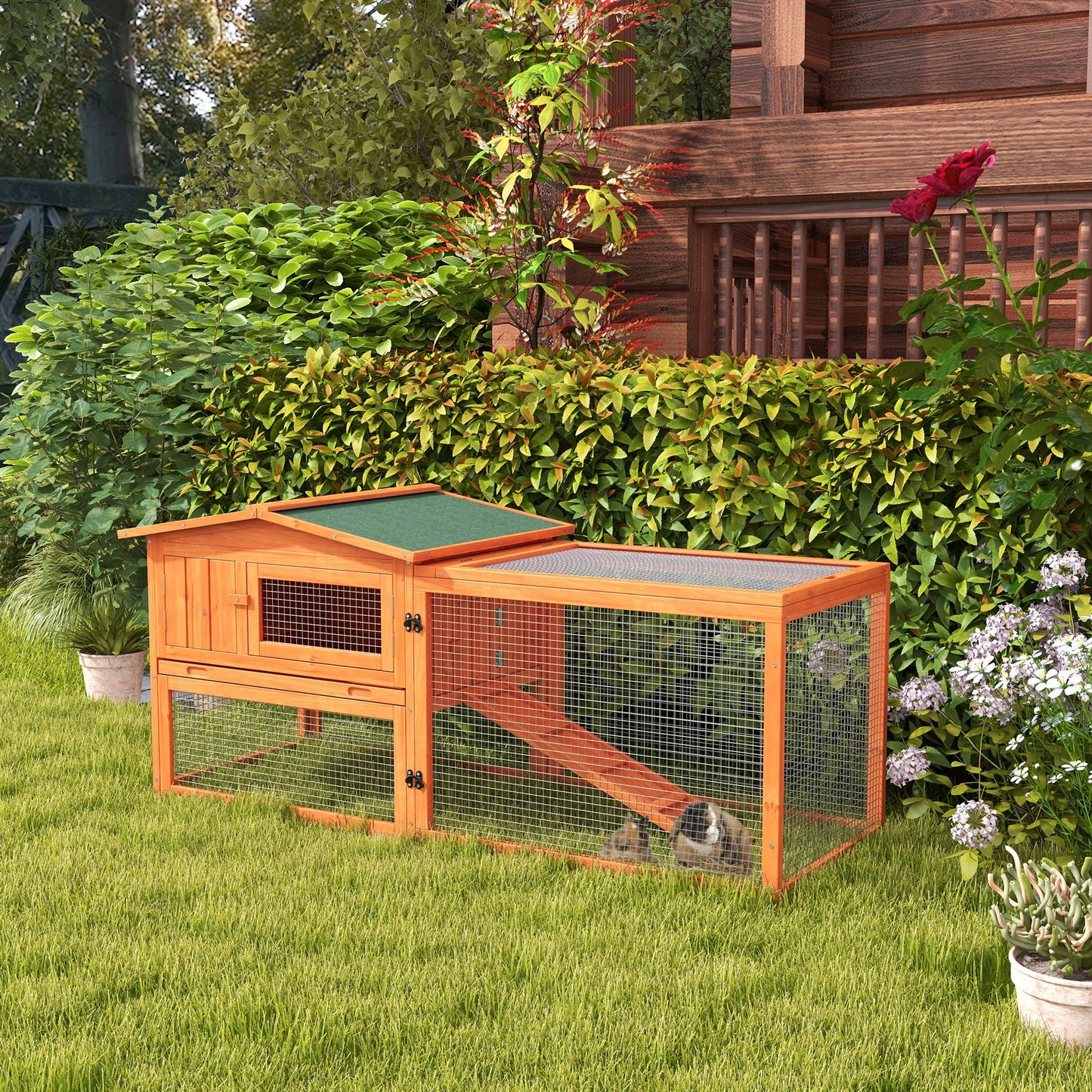 PawHut Rabbit Hutch with Run Wooden Guinea Pig Hutch Outdoor Bunny Cage Hide House with Sliding Tray, Hay Rack, Ramp, 156 x 58 x 68cm, Orange